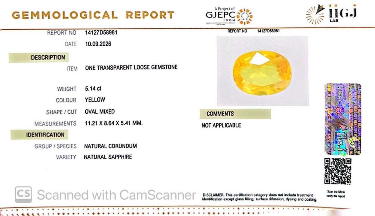 Natural Bangkok Yellow Sapphire (Pukhraj) 5.14 Ct – Certified Gemstone
