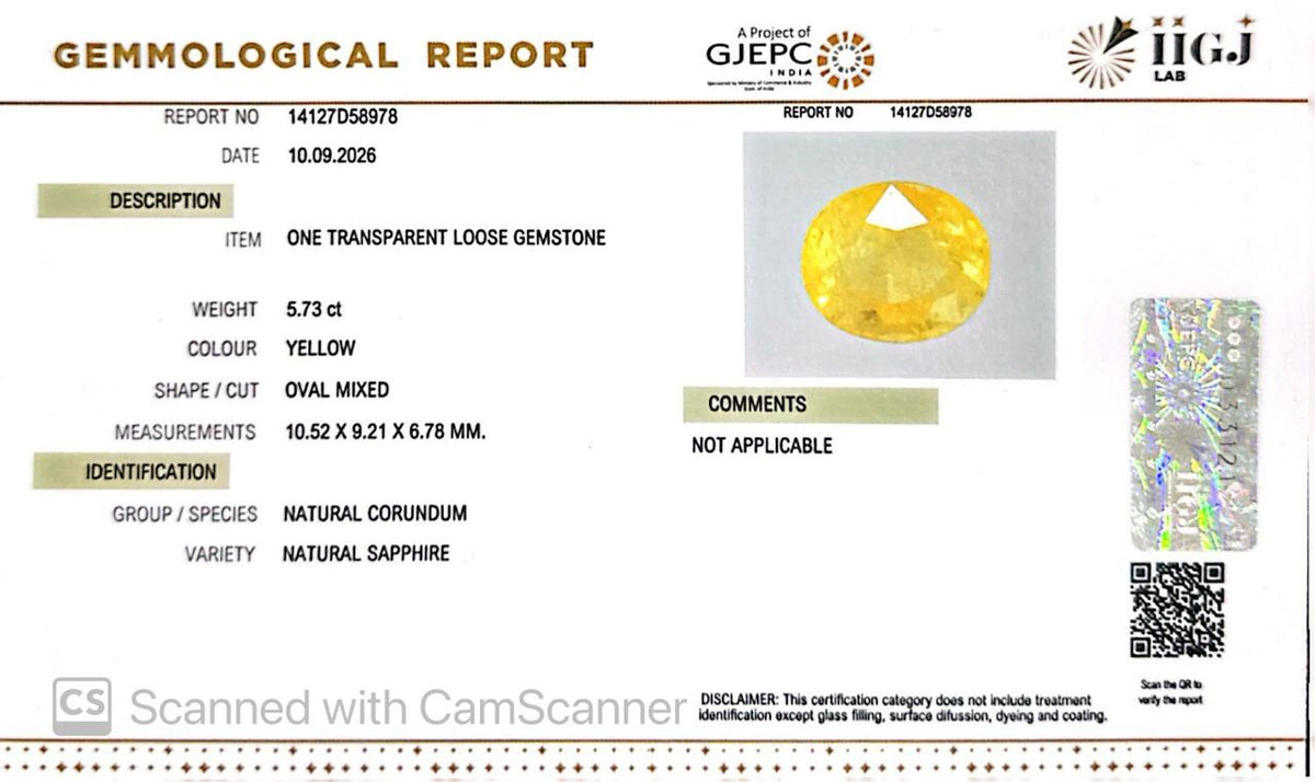 Natural Bangkok Yellow Sapphire (Pukhraj) 5.73 Ct – Certified Gemstone