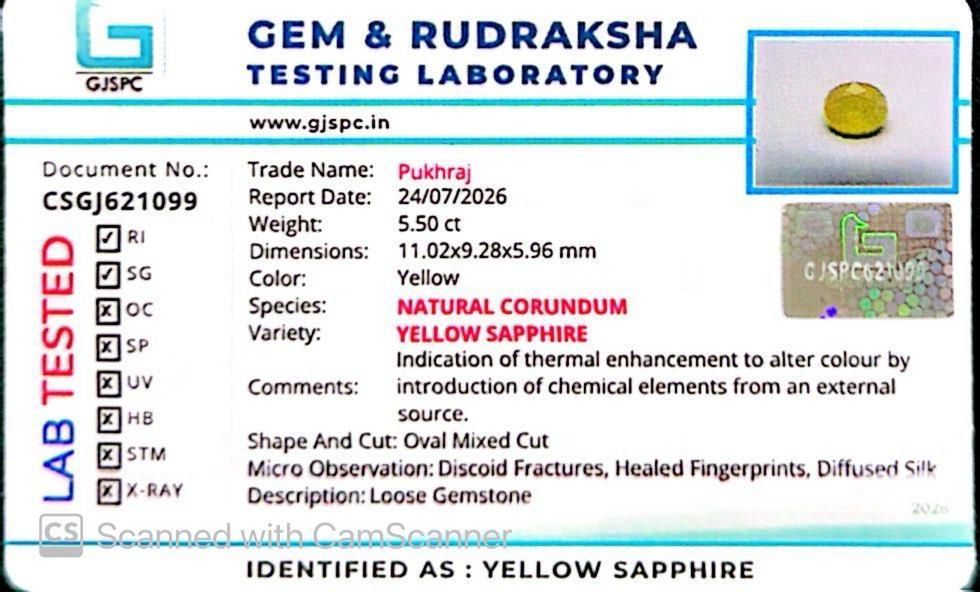Natural Yellow Sapphire (Thailand) – Prosperity, Wisdom & Jupiter’s Blessing 5.50 CT