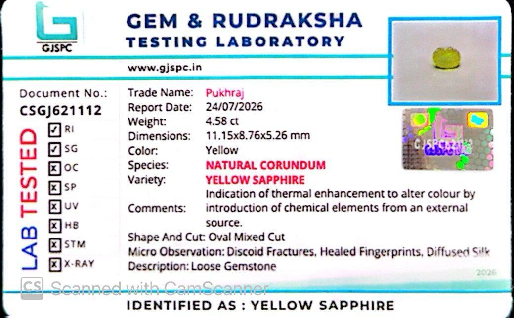 Natural Yellow Sapphire (Thailand) – Prosperity, Wisdom & Jupiter’s Blessing 4.58 CT