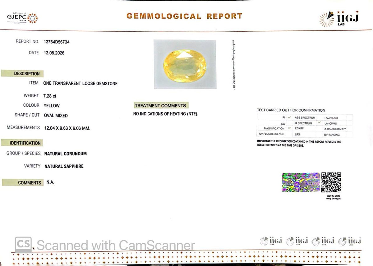 Natural Yellow Sapphire (Pukhraj) 7.28 CT - Certified