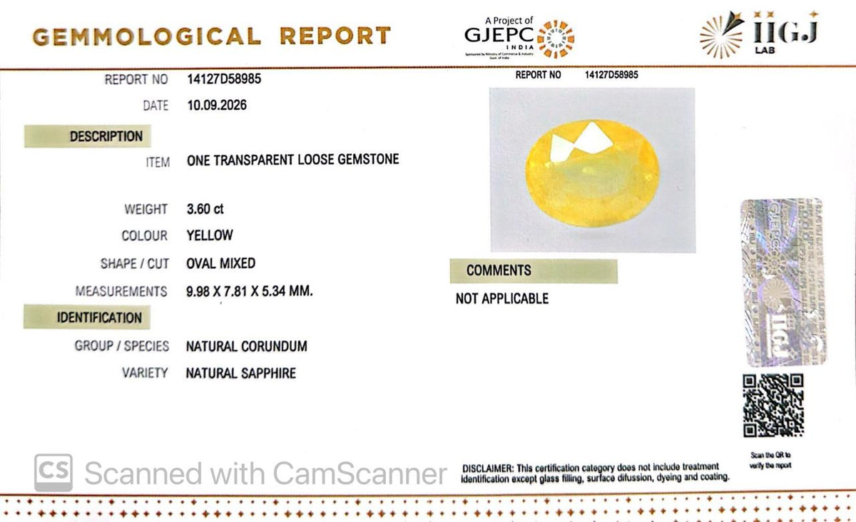 Natural Bangkok Yellow Sapphire (Pukhraj) 3.60 Ct – Certified Gemstone