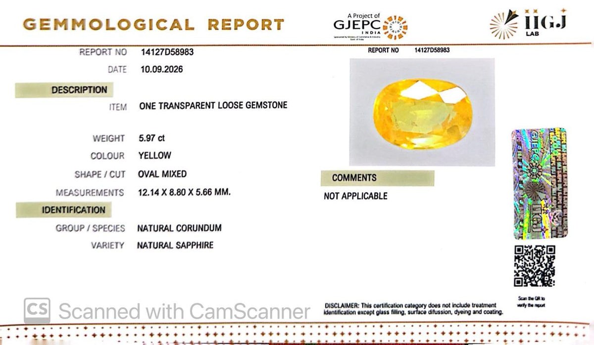 Natural Bangkok Yellow Sapphire (Pukhraj) 5.97 Ct – Certified Gemstone