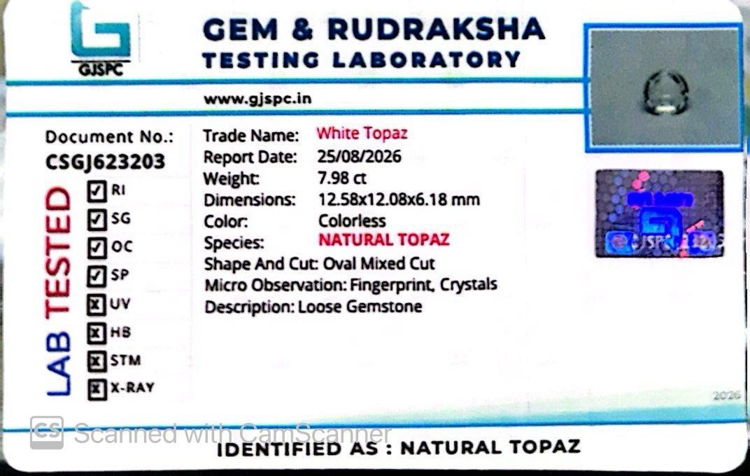Natural White Topaz 7.98 Ct – Certified Gemstone