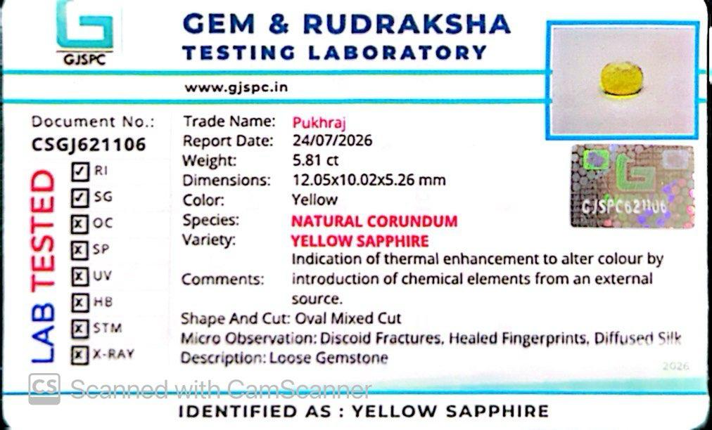 Natural Yellow Sapphire (Thailand) – Prosperity, Wisdom & Jupiter’s Blessing 5.81 CT