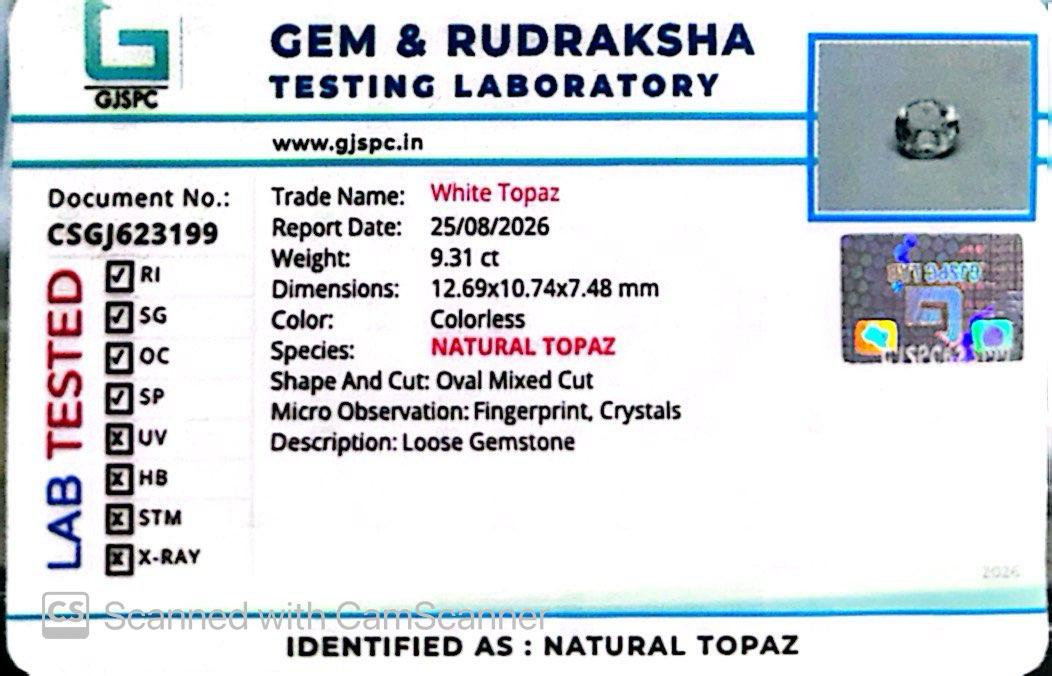 Natural White Topaz 9.31 Ct – Certified Gemstone