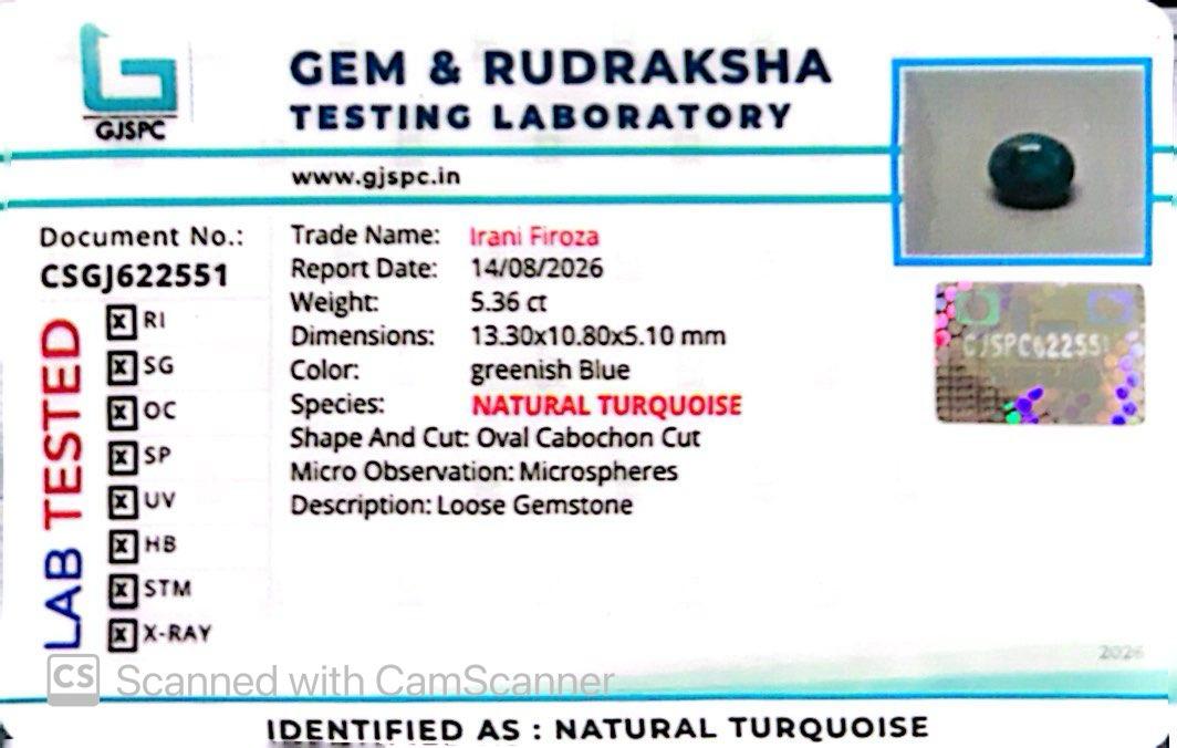 Natural Firoza (Turquoise) 5.36 CT – Certified Gemstone