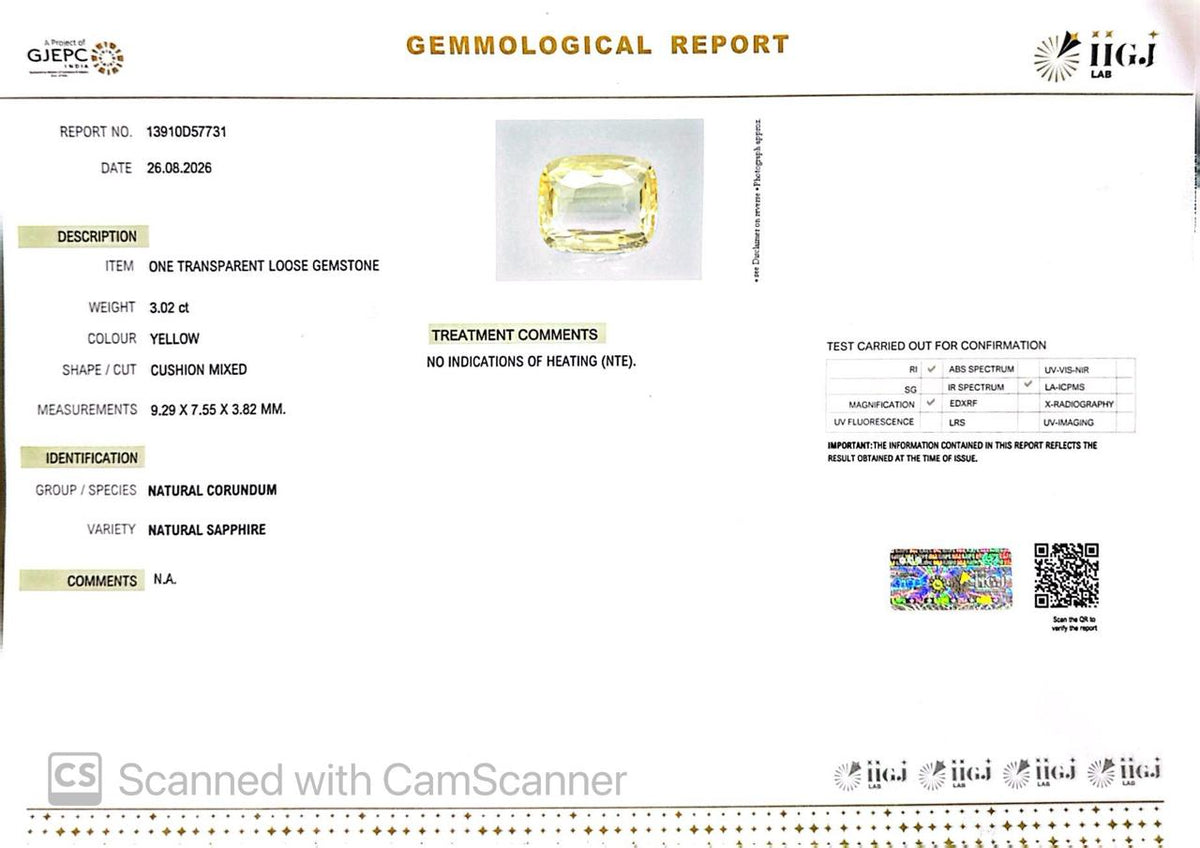 Natural Yellow Sapphire (Pukhraj) 3.02 Ct – Certified Premium Gemstone