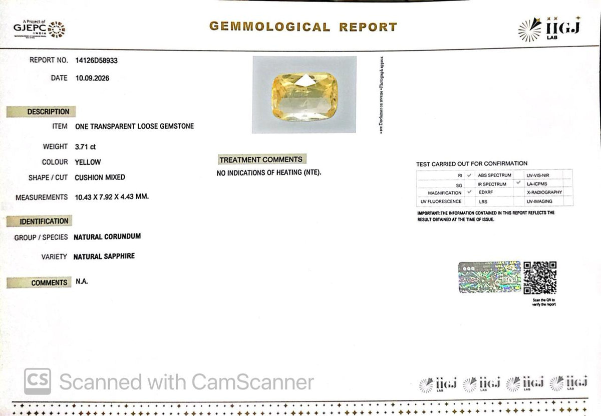 Natural Yellow Sapphire (Pukhraj) 3.71 Ct – Certified Premium Gemstone