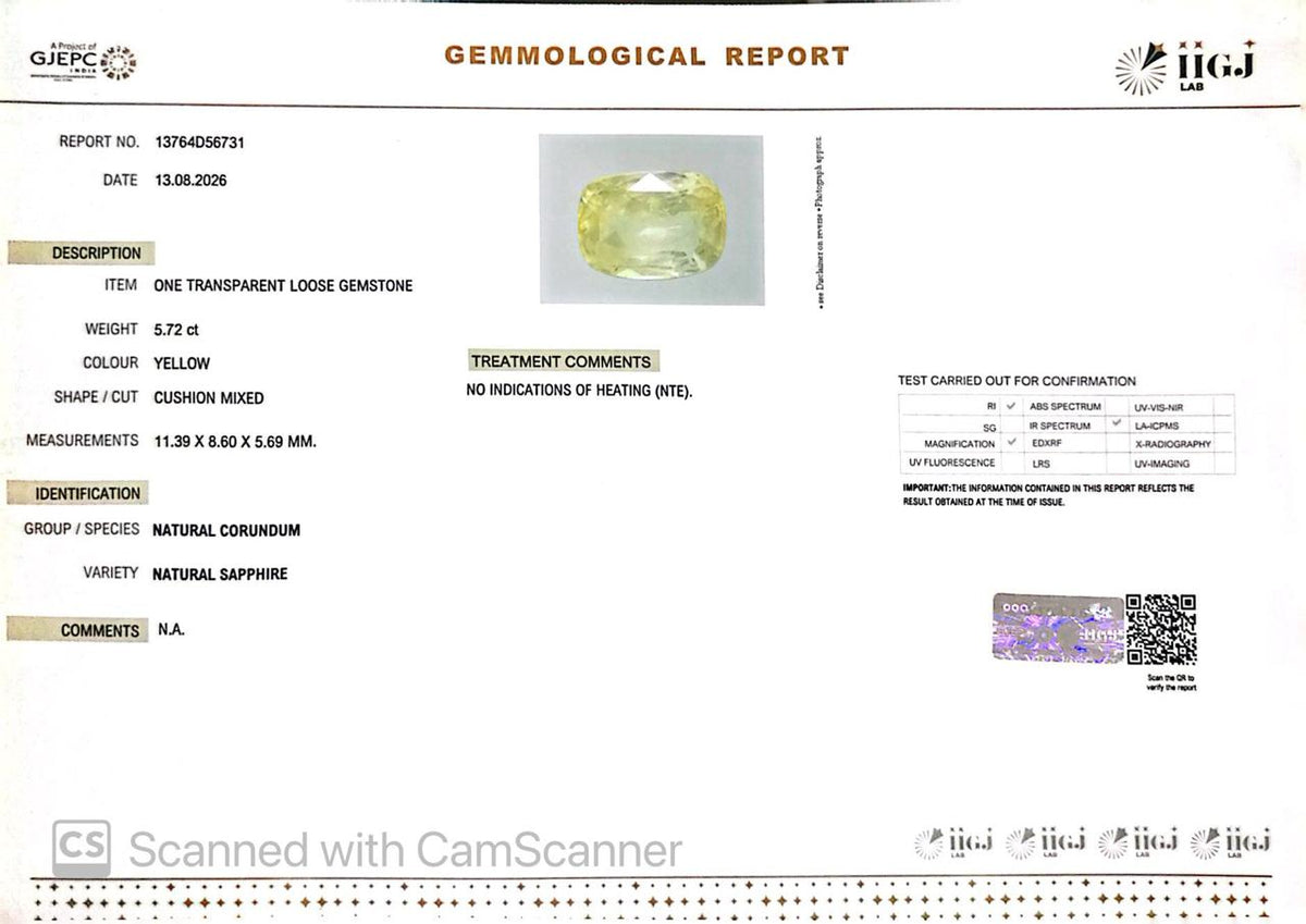 Natural Yellow Sapphire (Pukhraj) 5.72 CT - Certified
