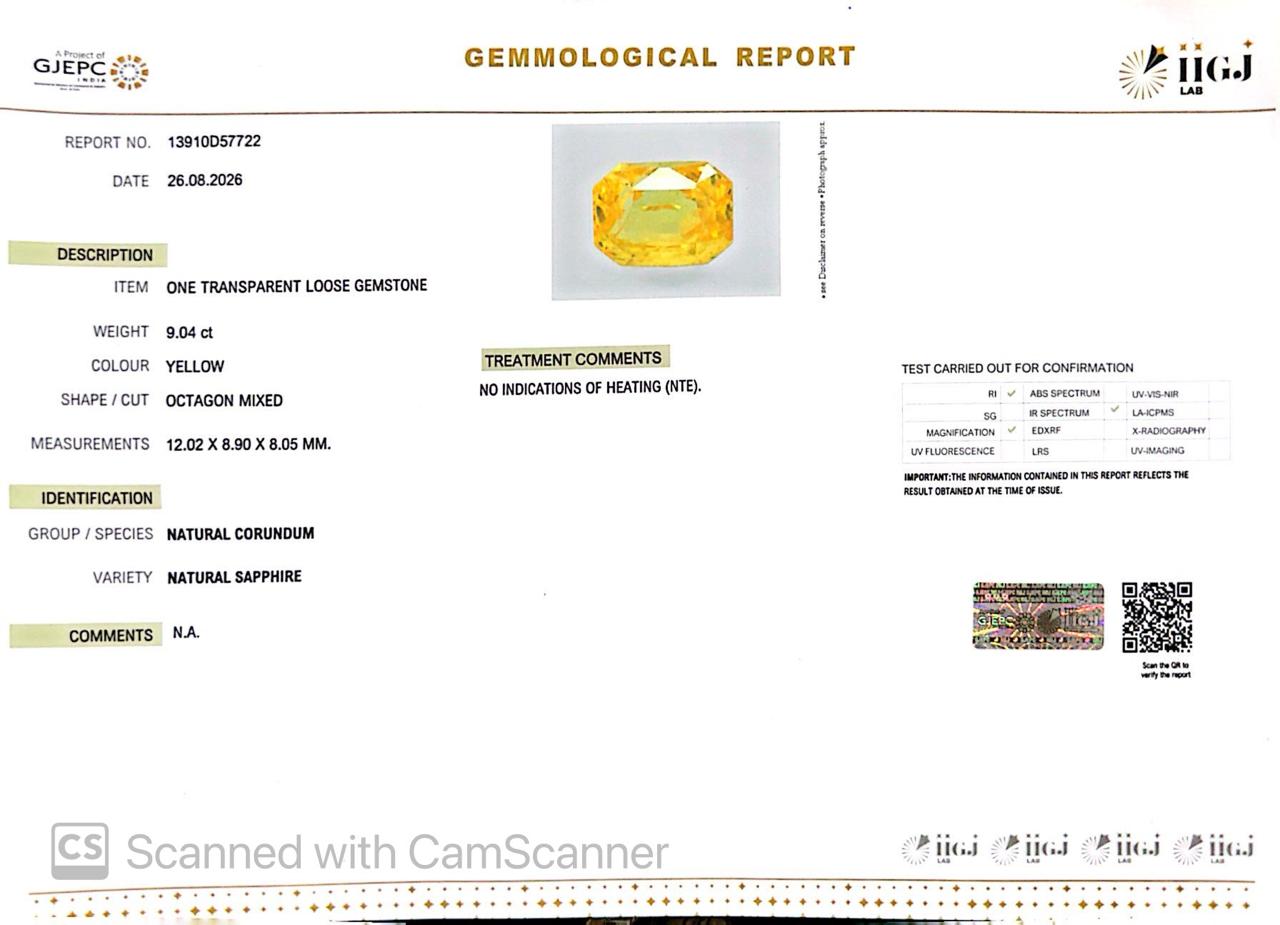 Natural Yellow Sapphire (Pukhraj) 9.04 CT - Certified
