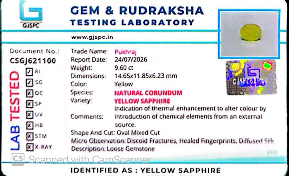 Natural Yellow Sapphire (Thailand) – Prosperity, Wisdom & Jupiter’s Blessing 9.60 CT
