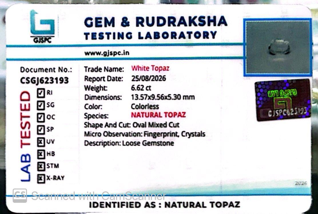 Natural White Topaz 6.62 Ct – Certified Gemstone