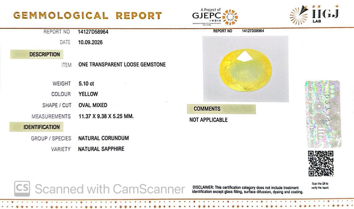 Natural Bangkok Yellow Sapphire (Pukhraj) 5.10 Ct – Certified Gemstone