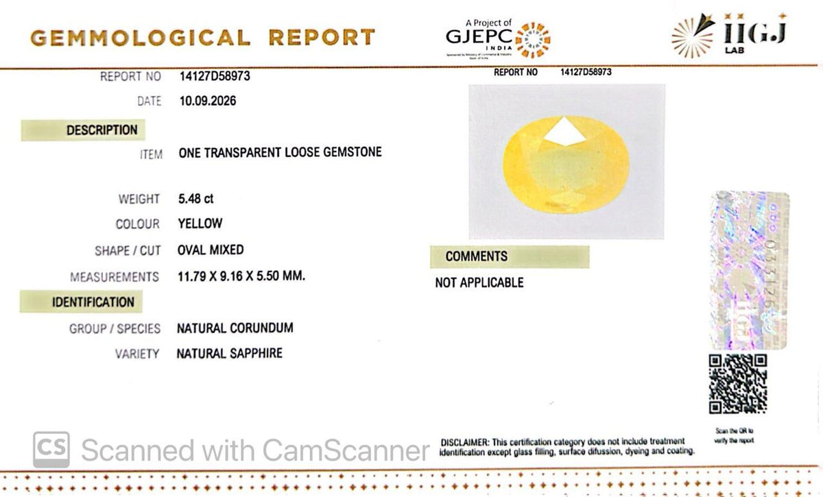 Natural Bangkok Yellow Sapphire (Pukhraj) 5.48 Ct – Certified Gemstone