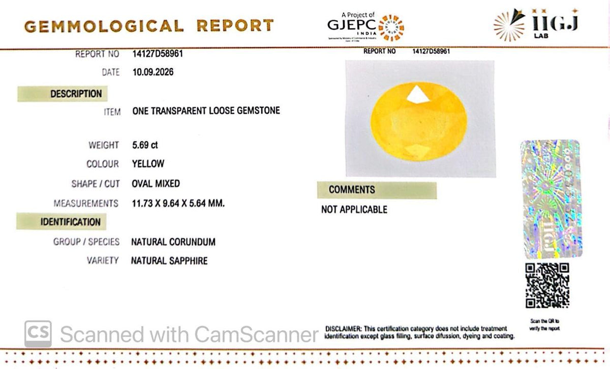 Natural Bangkok Yellow Sapphire (Pukhraj) 5.69 Ct – Certified Gemstone