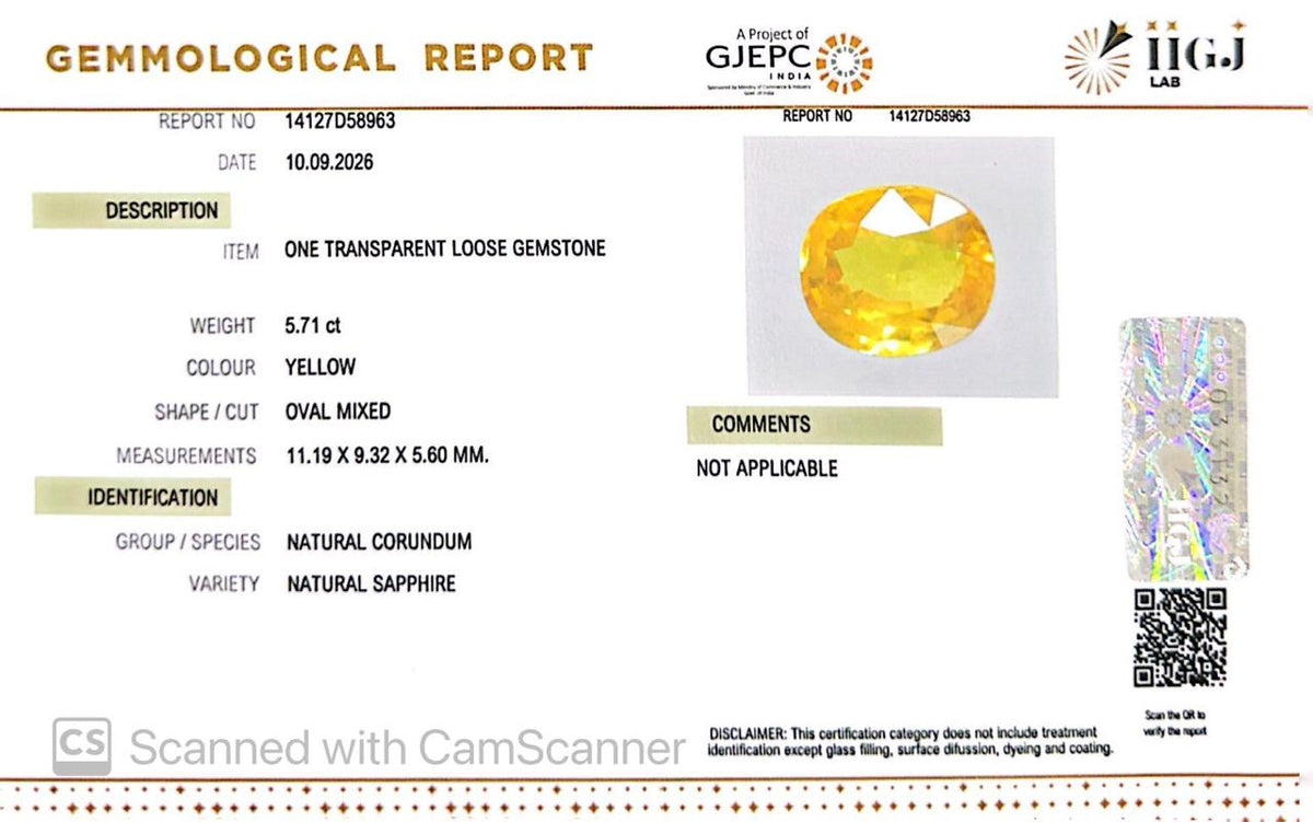 Natural Bangkok Yellow Sapphire (Pukhraj) 5.71 Ct – Certified Gemstone
