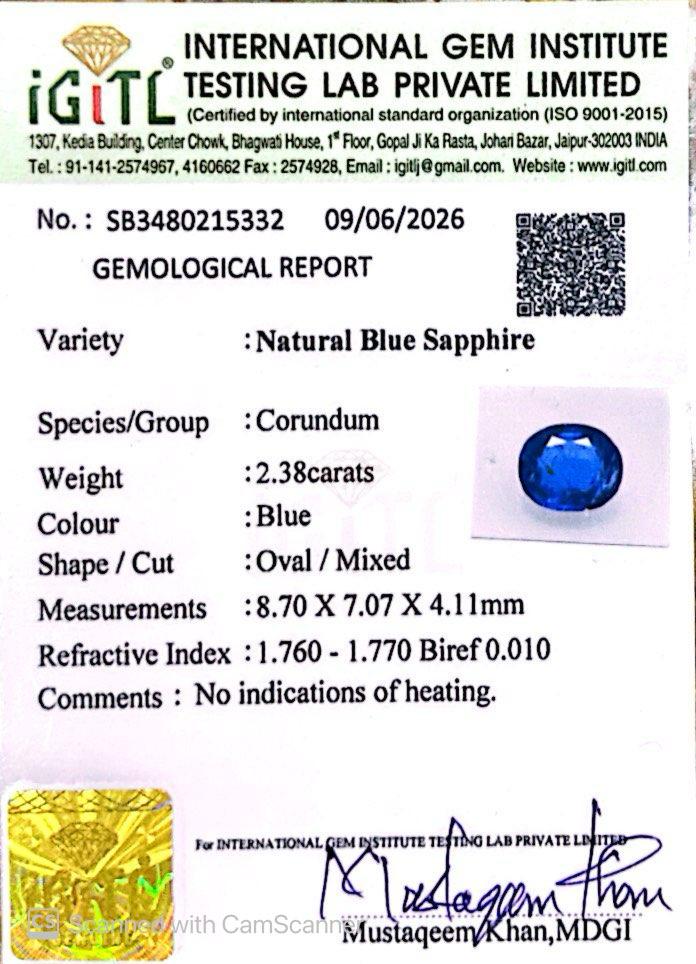 Natural Blue Sapphire (Neelam) 2.38 Ct – Certified