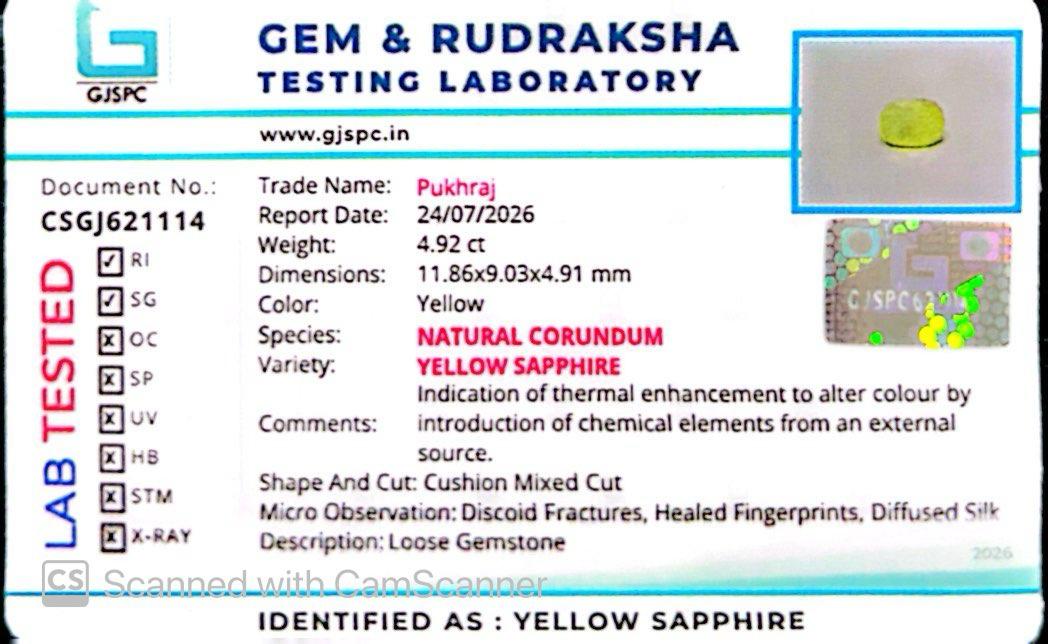 Natural Yellow Sapphire (Thailand) – Prosperity, Wisdom & Jupiter’s Blessing 4.92 CT