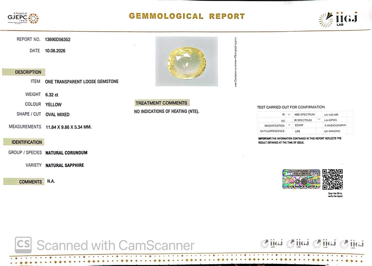 Natural Yellow Sapphire (Pukhraj) 6.32 CT - Certified