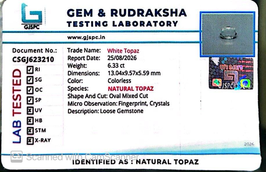Natural White Topaz 6.33 Ct – Certified Gemstone