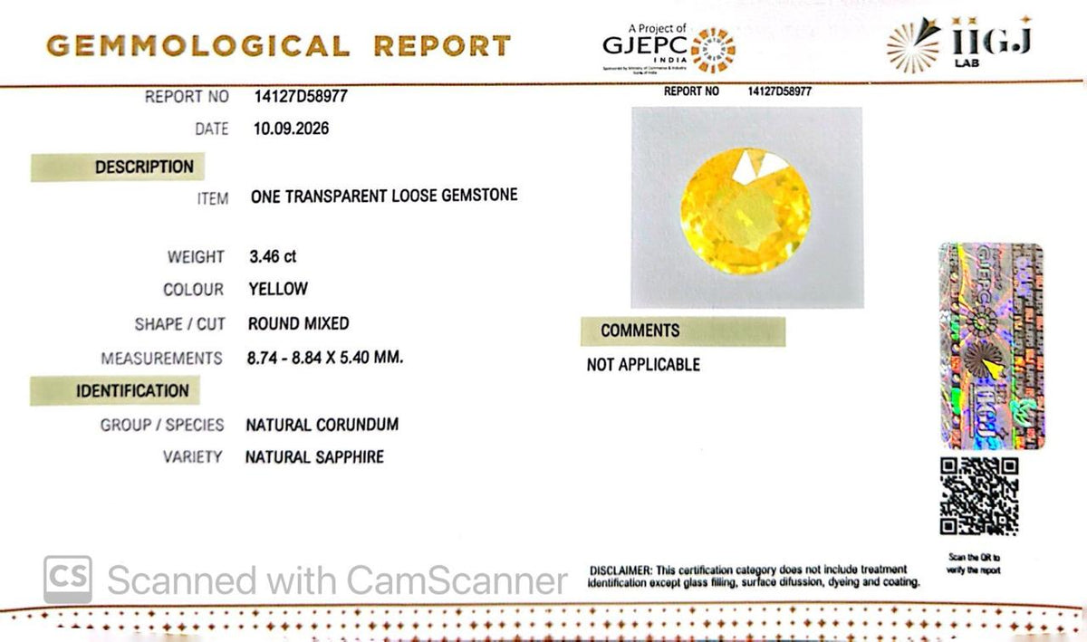 Natural Bangkok Yellow Sapphire (Pukhraj) 3.46 Ct – Certified Gemstone