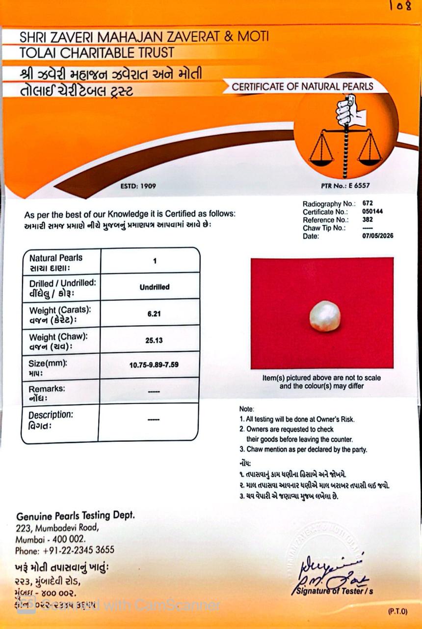 Basra Real Pearl 6.21 Ct – Certified Gemstone