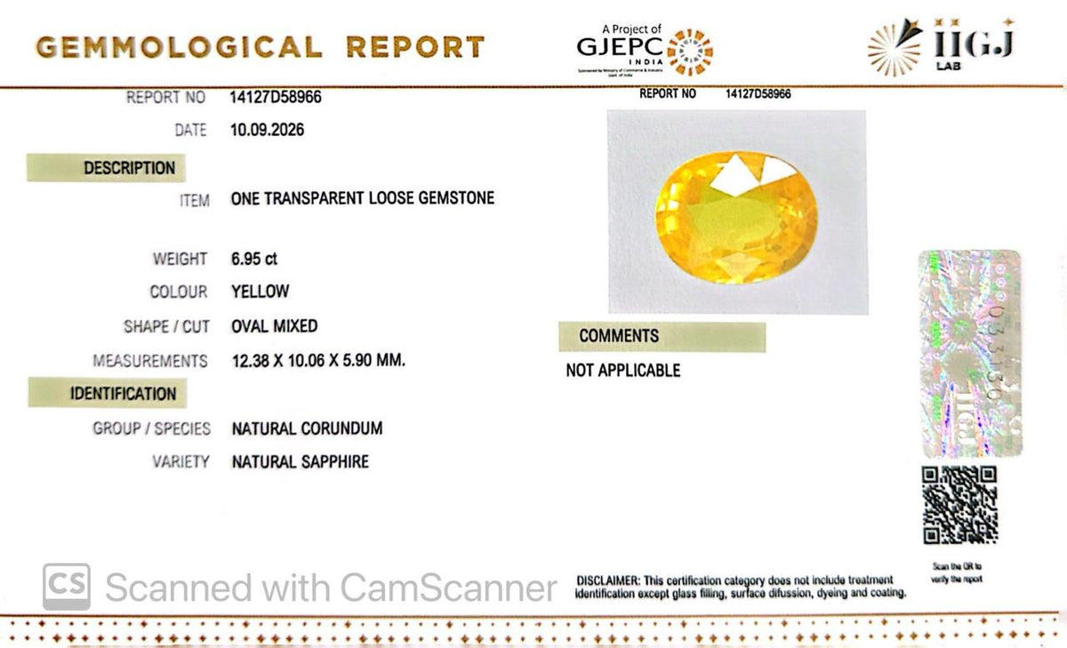Natural Bangkok Yellow Sapphire (Pukhraj) 6.94 Ct – Certified Gemstone