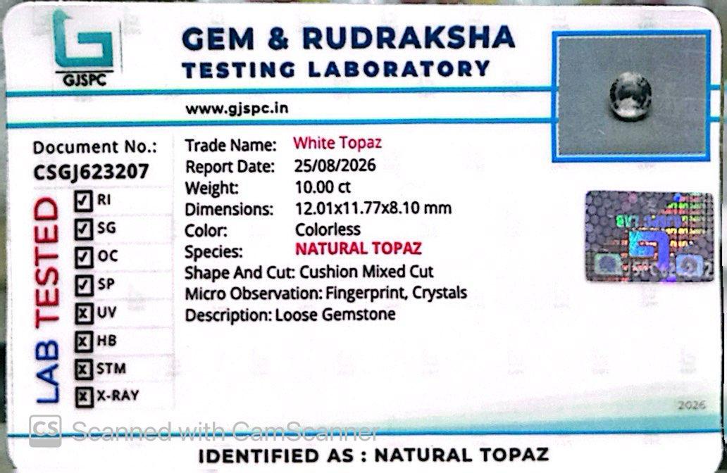 Natural White Topaz 10.00 Ct – Certified Gemstone