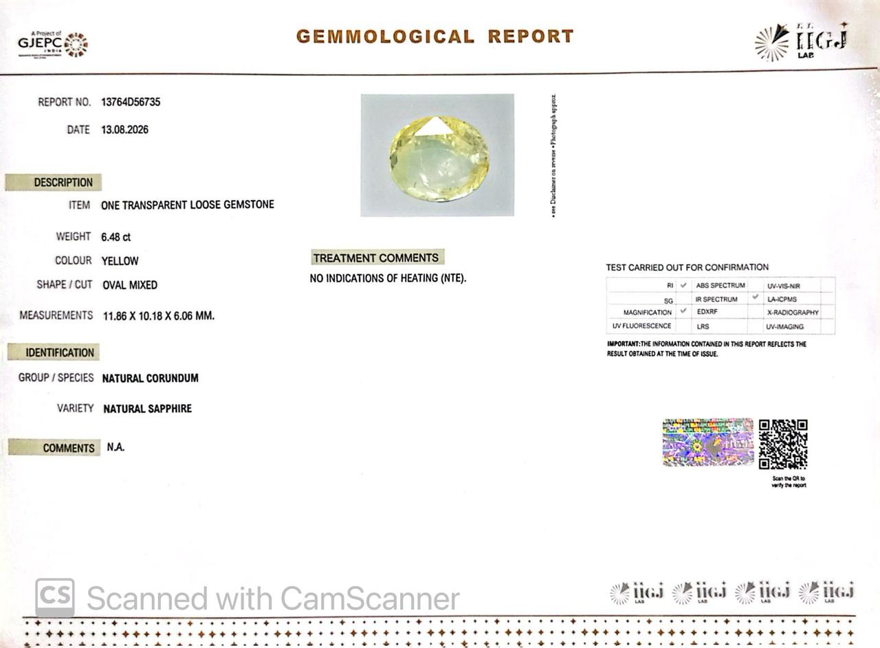 Natural Yellow Sapphire (Pukhraj) 6.48 CT - Certified