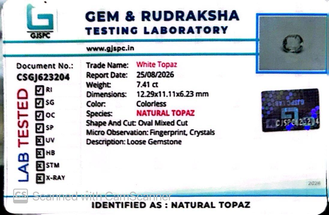 Natural White Topaz 7.41 Ct – Certified Gemstone