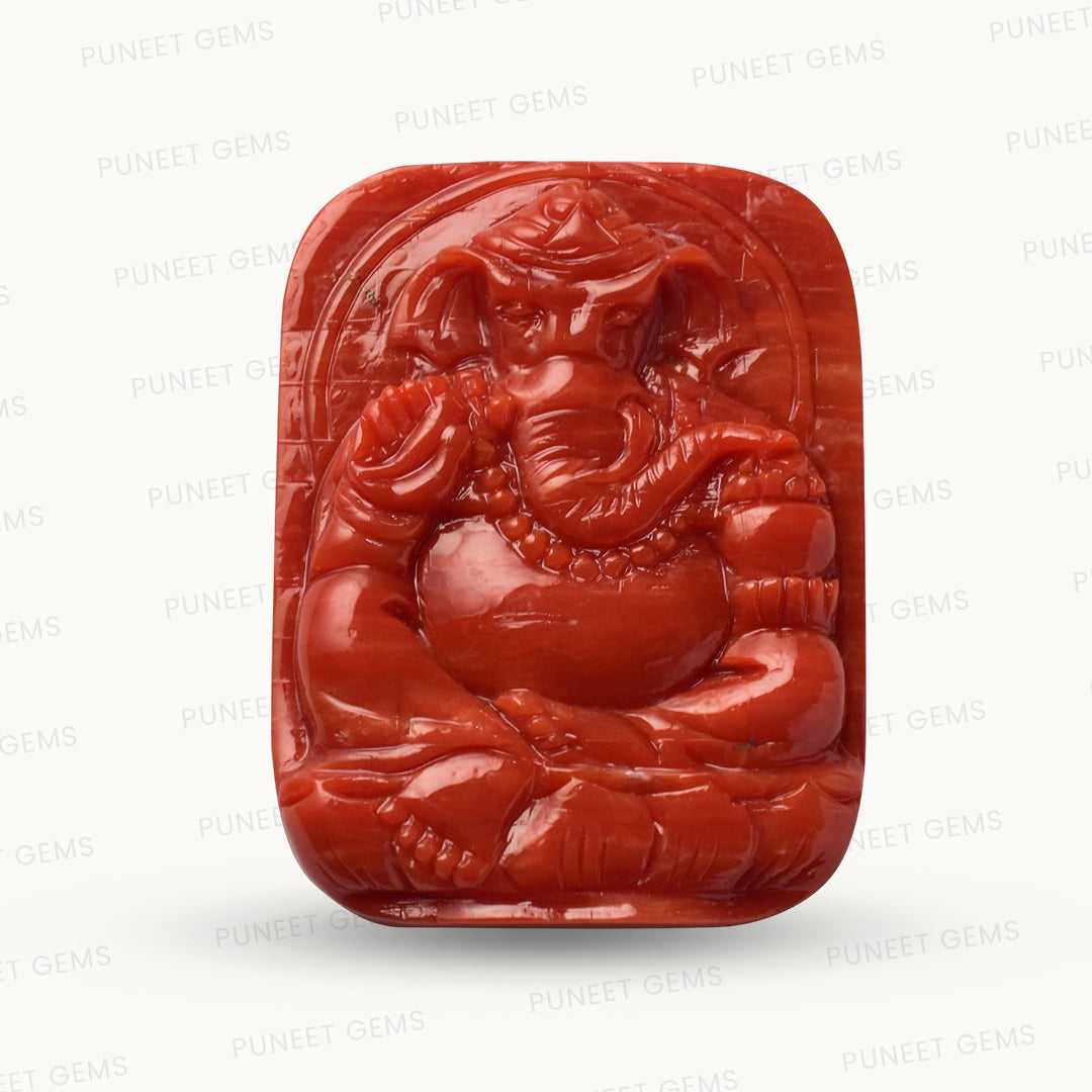 Coral Ganesh Gemstone Sculpture – Remover of Obstacles, Bringer of Strength & Success 69.52 CT