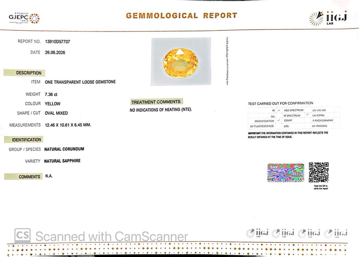 Natural Yellow Sapphire (Pukhraj) 7.36 CT - Certified