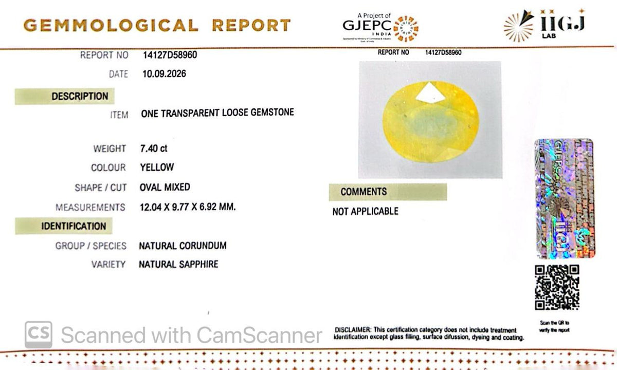 Natural Bangkok Yellow Sapphire (Pukhraj) 7.40 Ct – Certified Gemstone