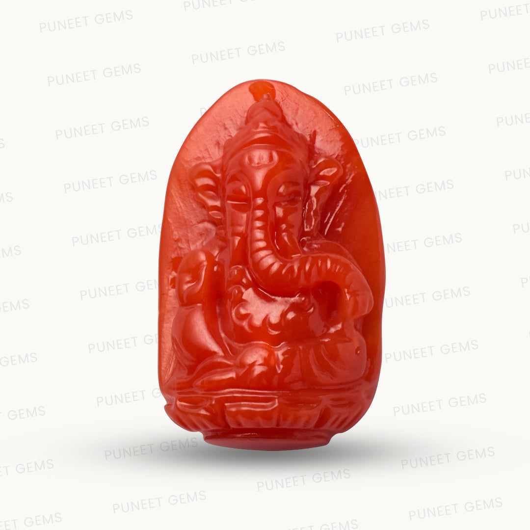 Coral Ganesh Gemstone Sculpture – Remover of Obstacles, Bringer of Strength & Success 7.61 CT
