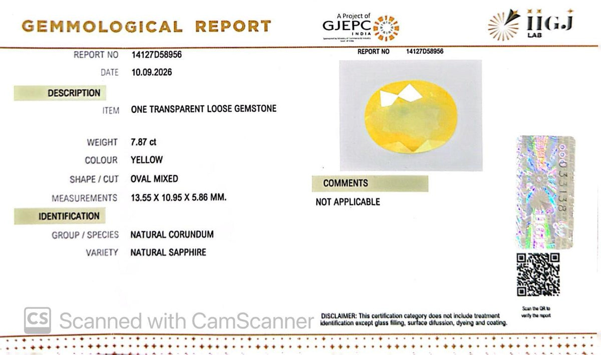 Natural Bangkok Yellow Sapphire (Pukhraj) 7.87 Ct – Certified Gemstone