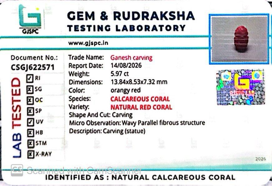 Coral Ganesh 5.97 CT – Certified Gemstone