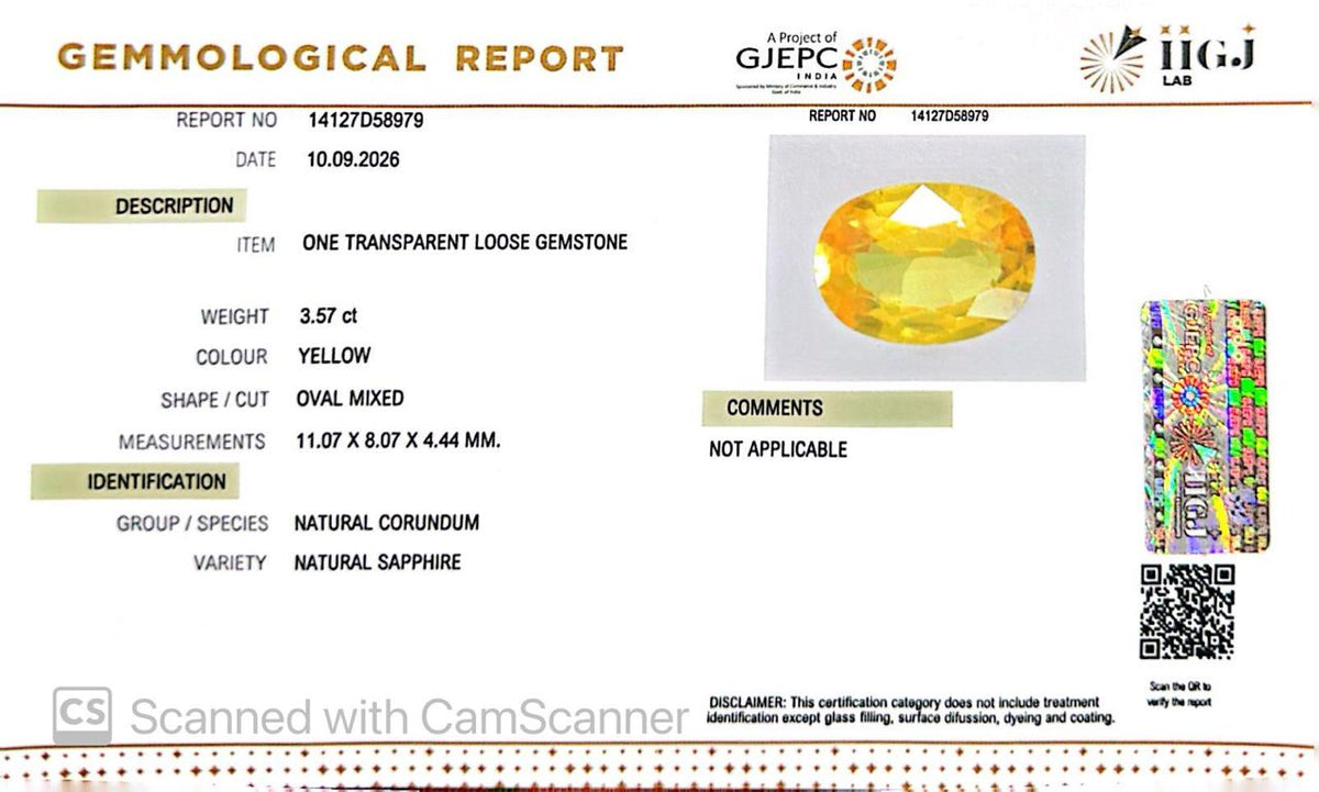 Natural Bangkok Yellow Sapphire (Pukhraj) 3.57 Ct – Certified Gemstone