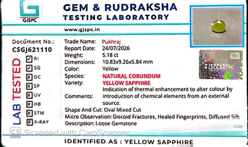 Natural Yellow Sapphire (Thailand) – Prosperity, Wisdom & Jupiter’s Blessing 5.18 CT