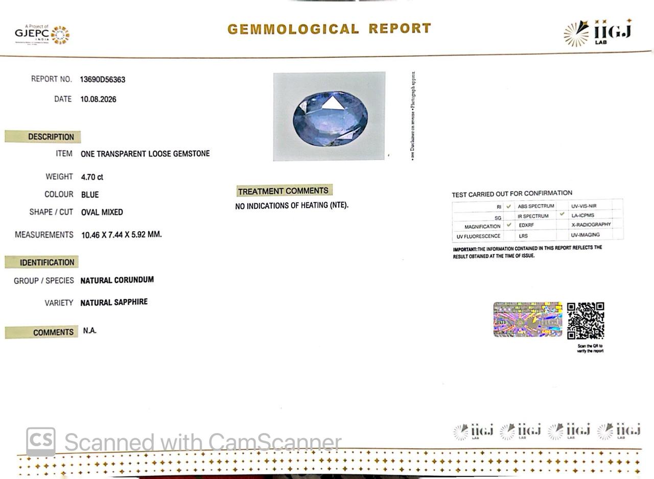 Natural Blue Sapphire (Neelam) 4.70 Ct – Certified