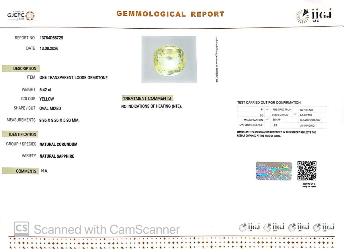 Natural Yellow Sapphire (Pukhraj) 5.42 CT - Certified