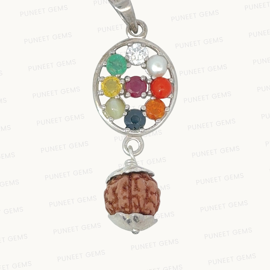 NATURAL NAVRATAN SILVER PENDANT WITH RUDRAKSH-Represents the nine celestial planets, bringing balance and harmony.