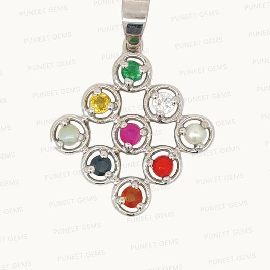 NATURAL NAVRATAN SILVER PANDENT -Represents the nine celestial planets, bringing balance and harmony.