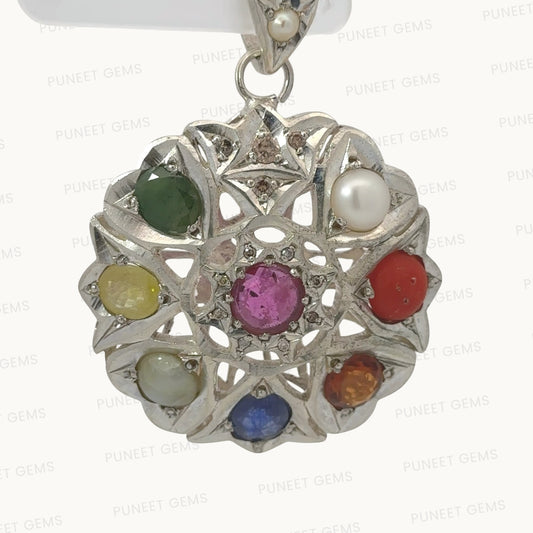 Natural Navratan Silver Pendant – Nine Gems, One Powerful Symbol