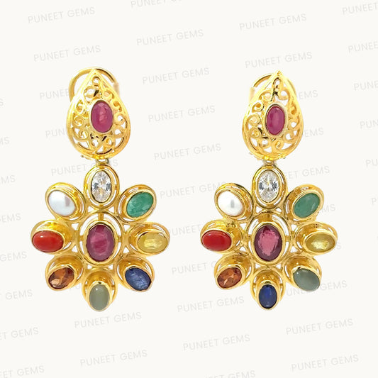 Natural Navratan Silver Earrings – Handcrafted 925 Sterling Silver with 9 Sacred Gemstones