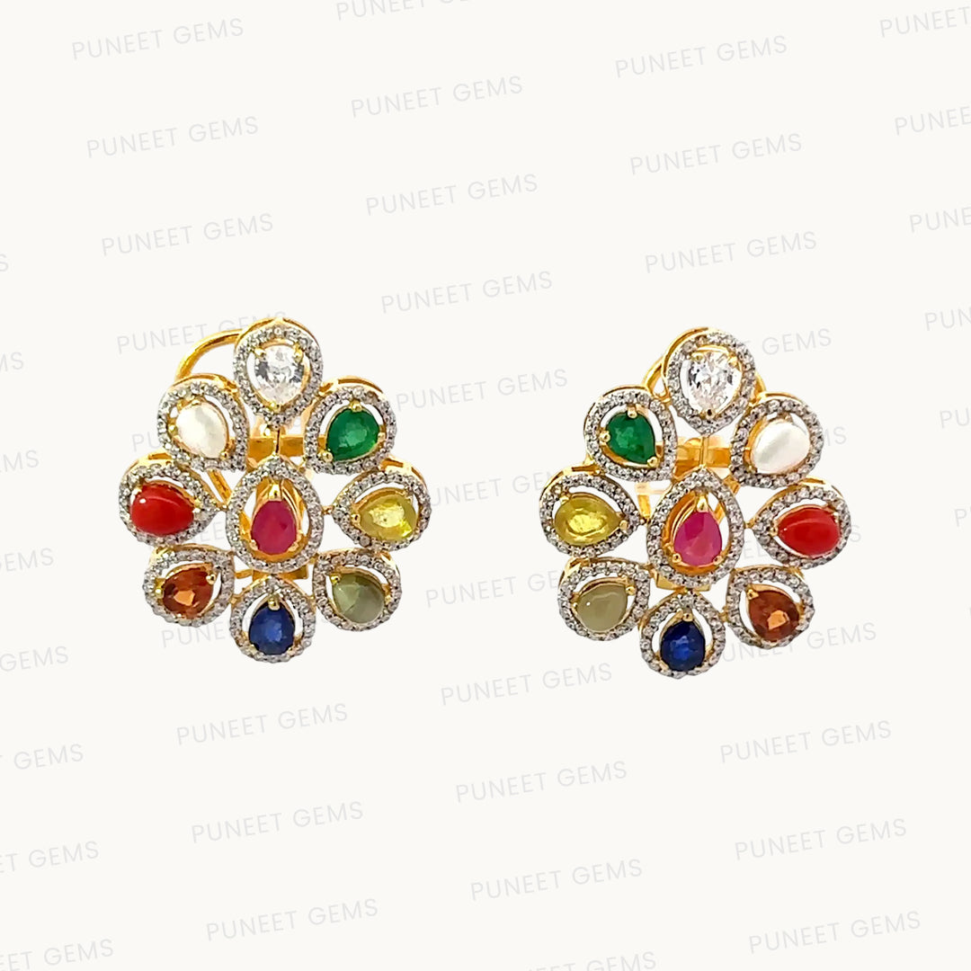 Natural Navratan Silver Earrings – Handcrafted 925 Sterling Silver with 9 Sacred Gemstones
