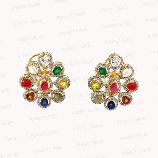 Natural Navratan Silver Earrings – Handcrafted 925 Sterling Silver with 9 Sacred Gemstones