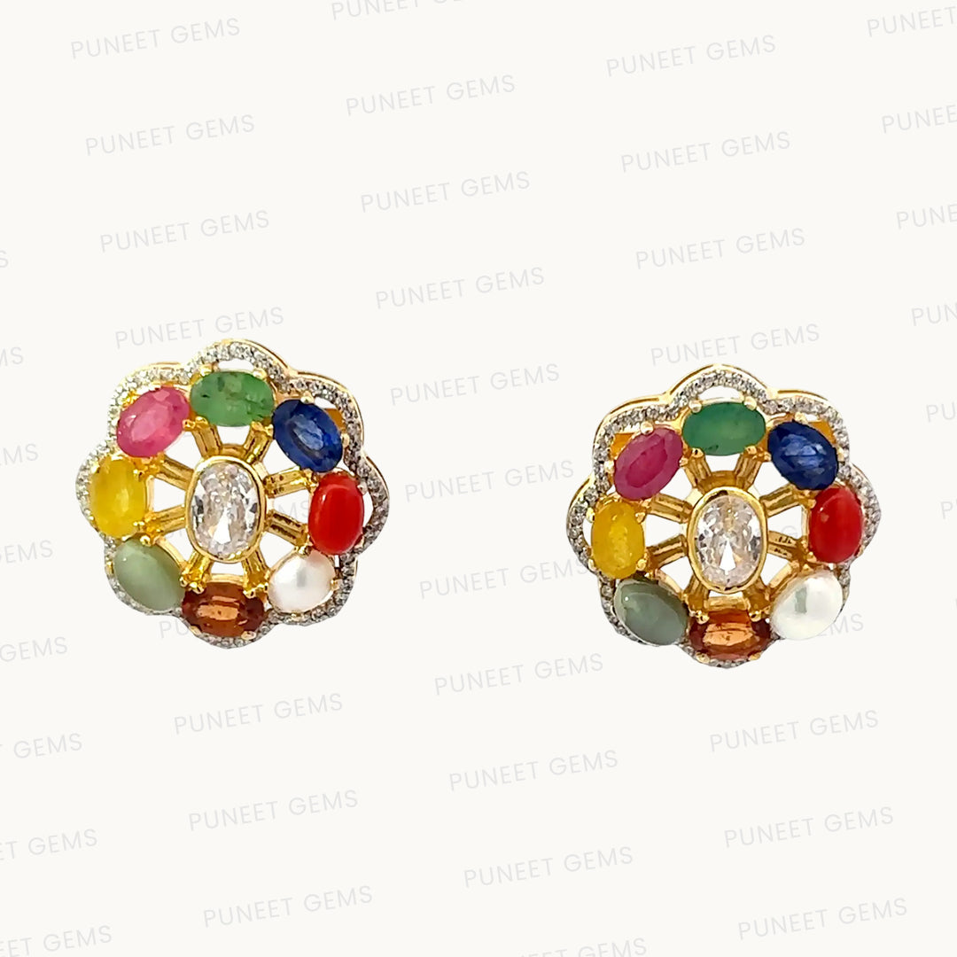 Natural Navratan Silver Earrings – Handcrafted 925 Sterling Silver with 9 Sacred Gemstones