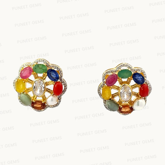 Natural Navratan Silver Earrings – Handcrafted 925 Sterling Silver with 9 Sacred Gemstones