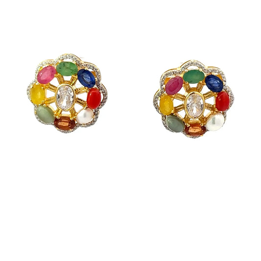 Natural Navratan Silver Earrings – Handcrafted 925 Sterling Silver with 9 Sacred Gemstones